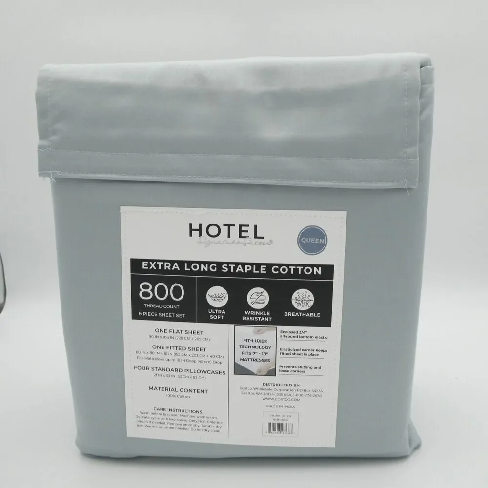 Hotel Signature 800 Thread Count Cotton 6-Piece Sheet Set, Queen Size Light Blue